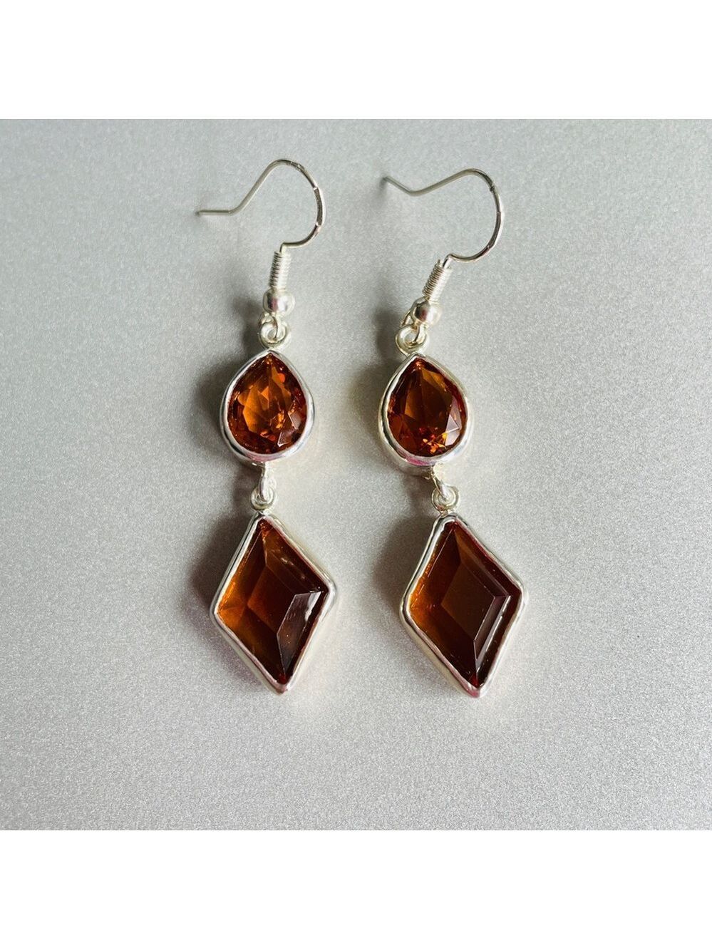 Citrine Glass Rhombus & Teardrop Geometrical Dangle Earrings in Sterling…